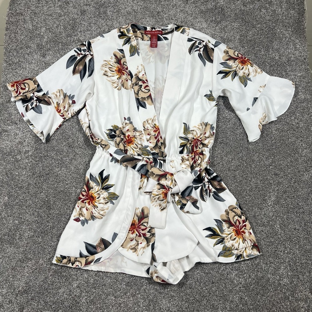 Saks Fifth Avenue Romper Women S White Floral Botanical Belt Waist Kimono Ruffle